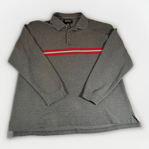Eddie Bauer Men’s Long Sleeve Polo Shirt Gray Red Stripe XL - Picture 2 of 12